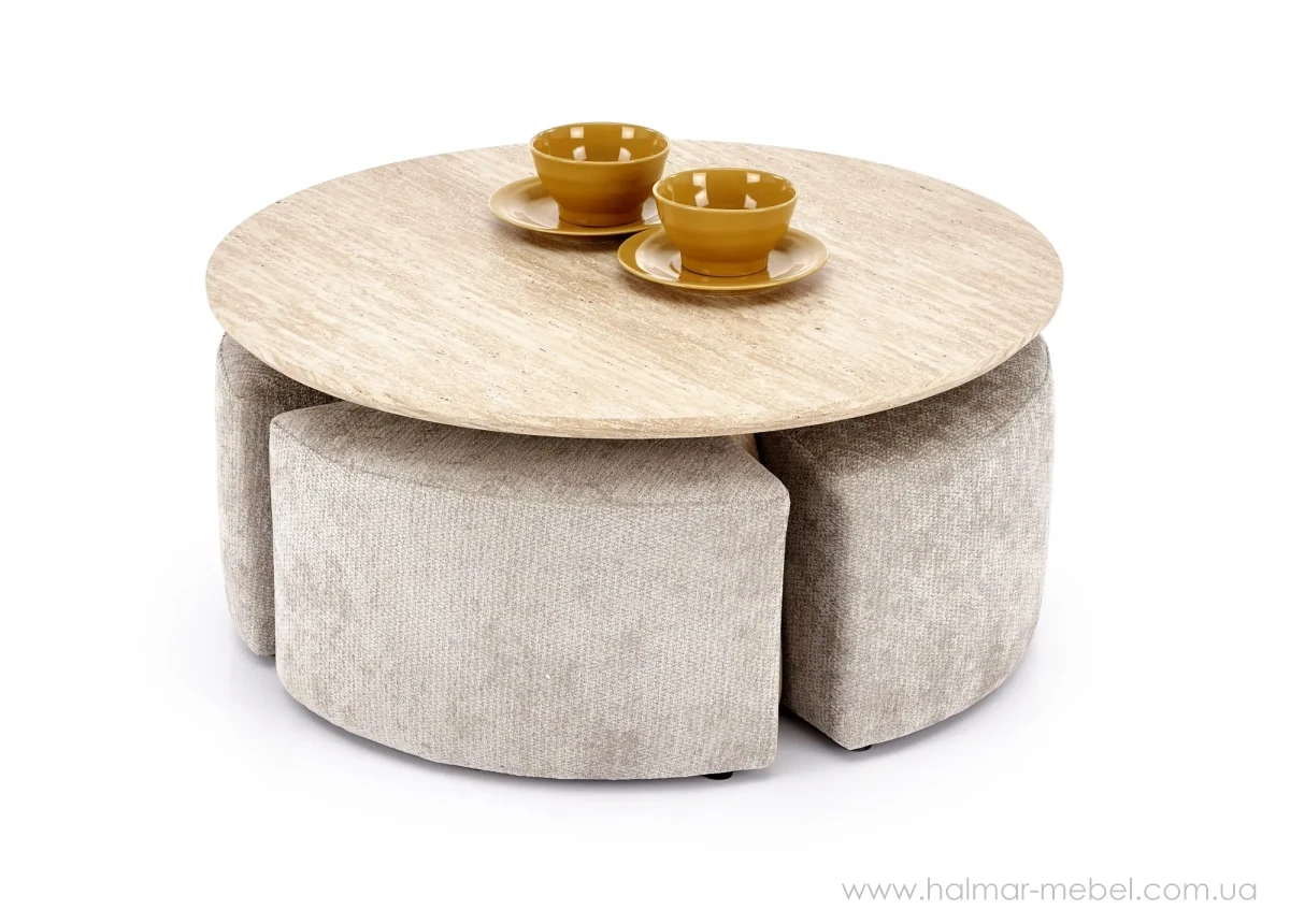 Стіл журнальний з пуфами NUGAT HALMAR травертін/світло-бежевий Стіл журнальний з пуфами NUGAT HALMAR травертін/світло-бежевий