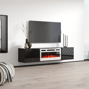 Тумба навесная c электрокамином RTV LUXE EF CAMA черный мат/черныйглянец/камин белый