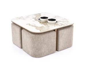 Стіл журнальний з пуфами ARAKIS HALMAR бежевий мармур/світлий горіх
